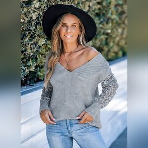 Cupshe Off-the-Shoulder Ribbed Sweater with Sheer Lace Sleeves- In Gray